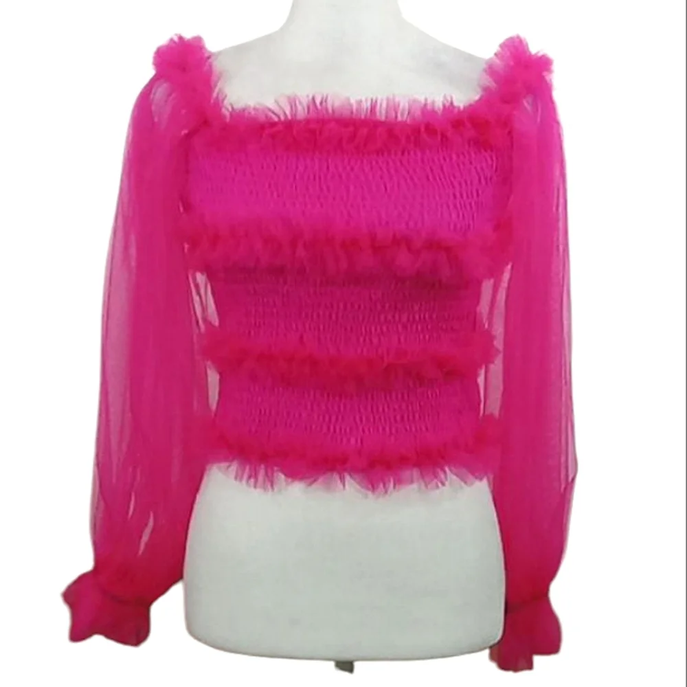 Tea & Cup Hot Pink Tulle Smocked Off Shoulder Top Size Small